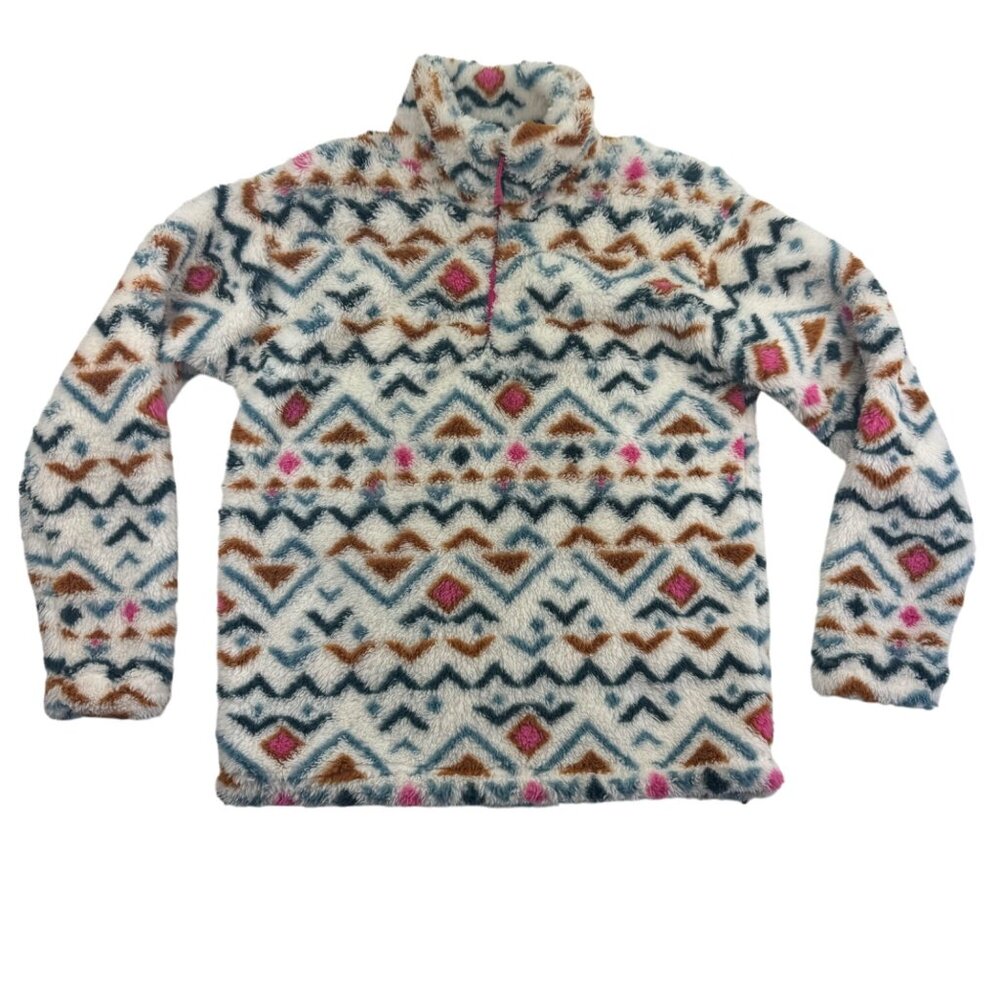 Eddie Bauer White/Multicolor Aztec Pattern Fleece 1/4 zip pullover women sm